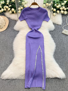 2025 New round Neck Short Sleeve Knitted Dress Womens Summer Elastic Slimming Luxury Diamond Embellished Split Long Dress