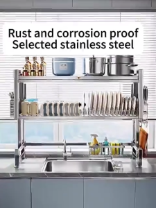 BMZAR Multi Stainless Steel Over Sink Dish Drying Rack Kitchen Organizer Large Capacity Dish Rack with Dustproof Cover Drain Storage Shelf
