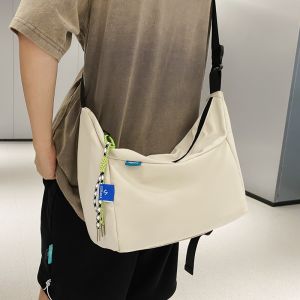 Mens Canvas Shoulder Bag Simple Crossbody Student Fashion Korean Style Leisure Backpack Soft Handle Zipper Closure Nylon Material
