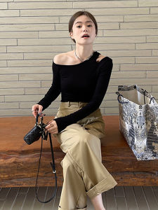 Slim Fit Long Sleeve T-Shirt Womens Spring Autumn New Style Elegant Base Shirt Shoulder Baring Top Trendy Commute Korean Style