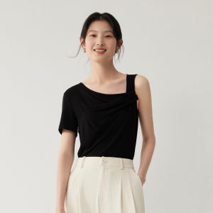 Yigue Summer New Asymmetric Shoulder Sleeve T-Shirt Women Loose Knot Top Comfortable Breathable Lightweight round Neck Tank