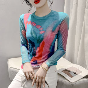 REHIN เสื้อยืดแขนยาวพิมพ์ลายตาข่ายสไตล์ยุโรปสำหรับผู้หญิงพอดีตัวเสื้อแฟชั่นฤดูใบไม้ร่วงฤดูหนาวคอกลมเข้ารูป