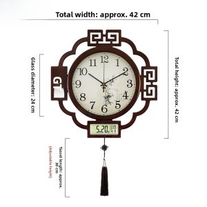 New Chinese Style Living Room Wall Clock Creative Fashionable round Shape Wooden Material Battery Powered No Punching Required