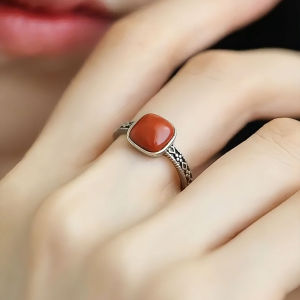 925 Silver South Red Ring Womens New Chinese Style Retro High-End Versatile Precise Index Finger Ring Gift Square Sugar Ring