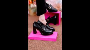 Waterproof Platform High Heel Womens Shoes Thick Sole Leather Shoes Black School Shoes