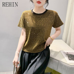 REHIN Summer new loose short-sleeved T-shirt round neck hot drilling round neck All-match womens top