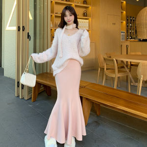 Unique Knitted Fish Tail Skirt Womens Winter High Waist Extended Korean Style Gentle Pink Slim Fit Half-length Skirts