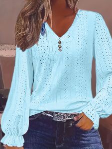Plus Size Eyelet Button Decor T-Shirt Casual V Neck Long Sleeve Top For Spring & Fall Womens Plus Size Clothing