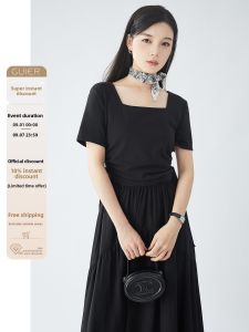 Guier Square Collar Drawstring A-Line Slimming Summer Dress Womens Fashionable Casual Mid-Length Skirt Single Piece