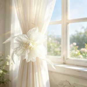 2pcs White Mesh Flower Curtain Tiebacks French Luxury INS Style Pearl Feather Decorative Curtain Holdbacks for Living Room B
