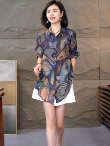 เสื้อเชิ้ตแขนยาวสไตล์เกาหลีย้อนยุคสำหรับผู้หญิง ทรงหลวม ปกพับ แฟชั่นฤดูใบไม้ผลิและฤดูร้อน เสื้อเชิ้ตทรงหลวมสำหรับผู้หญิง