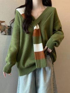 เสื้อสเวตเตอร์ถักนิตติ้งสไตล์เกาหลีสำหรับผู้หญิง คอวี แขนยาว ทรงหลวม นุ่ม สบายๆ เสื้อตัวบนแฟชั่นฤดูใบไม้ร่วง/ฤดูหนาว