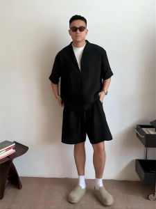 Black Linen Mens Summer Shirt And Shorts Set Ice Silk Loose Fit Two Piece Suit Teen Fashion Casual Wear