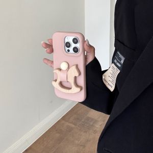 Dopamine Leather Texture Wooden Horse Ring Phone Case Creative Personalized  17Promax 16Pro Female Model 14Promax 15 Stand 13 Protective Cover 12 Full Wrap Anti-Fall