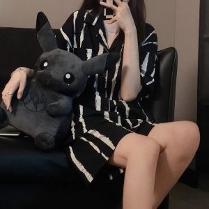 ชุดนอนผู้หญิงฤดูร้อนการ์ตูนหมีน่ารักแขนสั้นชุดนอน Loungewear ชุดสุภาพสตรีเสื้อสเวตเตอร์ถักลายสก๊อตสั้นชุดนอน