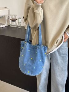 Large Capacity Canvas Water Bucket Bag for Women Embroidered Casual Denim Carry Bag Versatile Single Shoulder Satchel