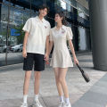 Polo Collar Bubble Sleeve Womens Korean Style High Waist Short Skirt Couple Matching Cotton Knitted Summer Dress.