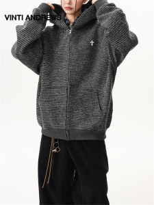 Thick Velvet Striped Hooded Spring Retro Casual Zippered Jacket
