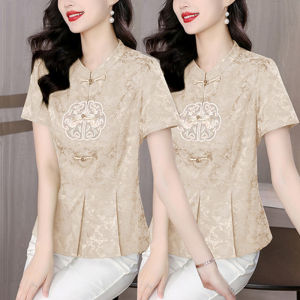 Silk Embroidered Shirt Womens Summer Short Sleeve Stand Collar Floral Print T-Shirt Cheongsam Top Traditional Chinese Style