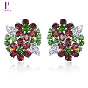 Lohaspie Jewelry Genuine 2.8 Carats Solid Sterling Silver 925 Clip Earring Original Natural Garnet Chrome Diopside Clip Earring Gemstone Earrings Silver Garnet Earring For Women