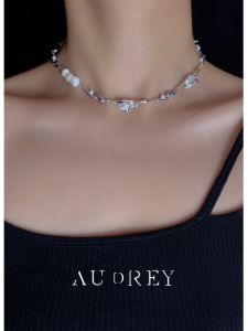 Audrey Sister Brand Fresh out Pearl Necklace Titanium Steel Hoodie Chain Baroque Design Irregular Splicing Lightweight Luxury Clavicle Chain