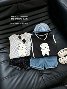 Cute Cartoon & Denim Mixed Boys Vest Set Light Summer Wear