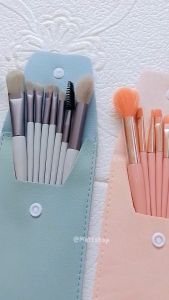 Set Kuas Makeup Travel Premium 8 Pcs dengan Pouch - Koleksi Warna Pastel