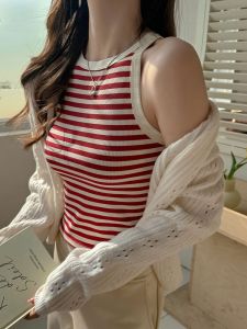 Red Striped Knitted Vest Womens Summer 2025 New Inner Wear Sleeveless Base Layer Top Outerwear Unique Beautiful Shirt