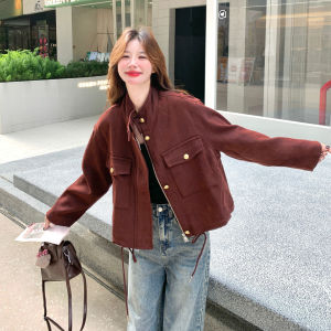 Ankela Red Fashionable Retro Womens Jacket Short Coat High Waist Slimming Small Size Autumn New Style Commute Style Polyester Fiber