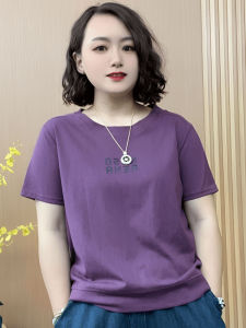 ฤดูร้อน แฟชั่นใหม่ เรียบง่าย เสื้อยืดแขนสั้นคอกลมตัวอักษร หลวม ลำลอง เสื้อเหนือศีรษะคลุมเนื้อสําหรับผู้หญิงวัยกลางคน