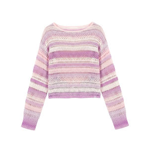 Casual Loose Knit Sweater with Hollow-out Design Pink-Purple Gradient Stripes