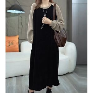 plus Size Womens Fleece Lined Thickened Spring Autumn Winter Casual Dresses Long Sleeve round Neck H-Shape Midi Dress