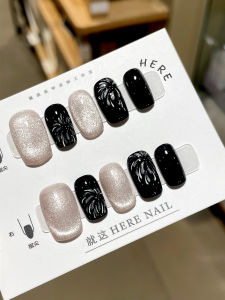 Handmade Hand Painted Black Firework Design Nail Tips UV LED Light Cured False Nails Cat Eye Flashing Autumn Winter Fashion