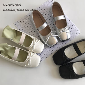 Mao New Chinese Style Square Toe Laces Bows Mary Jane Womens Lace-up Ballet Style Silver Girls Pumps