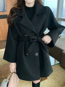 Elegant Black Woolen Coat Womens Thickened Waist-Cinching Autumn Winter New Style Ladylike Double-breasted Long Sleeve Coat