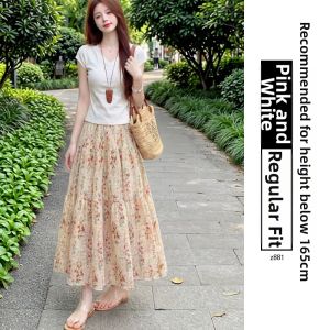 XIANYIJIAO | Pink Floral High Waist Long Thin A-line Skirt