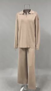 New Autumn Winter Thick 2 Piece Sets Womens Outfits Knitted Suits Soft Female Polo Neck Sweater Wide Leg Pants Outfit Pullover