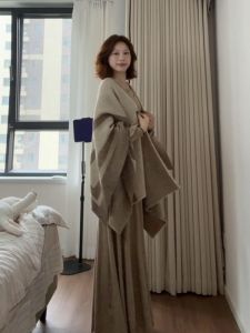 Retro Elegant Long Dress Coat Shoulder Wrap Two-Piece Set Slim Fit Autumn Winter Fashion High Waist Cotton Business Dance