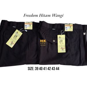 CELANA FORMAL JUMBO PRIA SIZE 39-44 MERK FREEDOM HITAM WANGI TEBAL REGULER LABEL KUNING EMAS