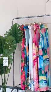 Qiqi Summer Dopamine Style Abstract Print Strapless Long Dress Fashion Vacation Seaside Beach 2304-1