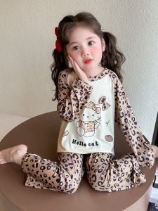 Spring Autumn Baby Girls Sleepwear Leopard Print Modal Home Clothes Childrens Air Conditioning Suit Casual Style Cotton Blend