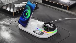 GEAR WALKER 4-in-1 Wireless Charger with RGB Light & Digital Clock 15W Fast Charging Magnetic Dock Station for iPhone iWatch AirPods Android Smartphones