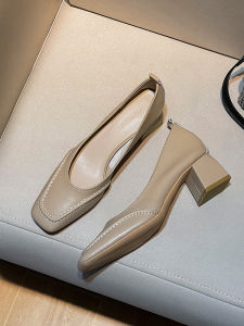 Leather Nude Square Head Thick Heel Womens Shoes 2023 New Style Commute Soft Leather Comfortable Versatile mid High Heel Shoes