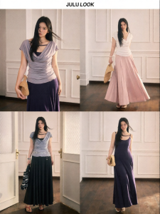 JULULOOK | Bộ Đồ Áo Cổ Xòe Dây Nơ Ép Eo & Đầm Quây Dành Cho Người Mập