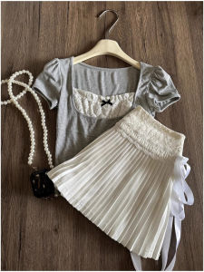 Pure Desire Bé Gái Cake Xếp Ly Váy Ngắn Ren Splicing Có Dây Thắt Lưng Trắng Váy Chữ a Dài Nửa Thân Phong Cách Hàn Quốc Cao Vòng Eo