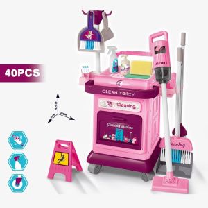 Cleaning Trolley Playset with Electric Vacuum Cleaner for Kids (Pink)