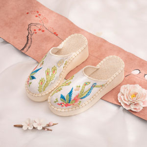 Embroidered Cotton Linen Slippers with Wedge Heel National Style for Women Matching Cheongsam Shoes Colorful Phoenix Design