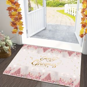 VIKAMA Pink Minimalist Christmas Floor Mat Festive Vibe Indoor & Outdoor Entrance Carpets Bathroom Anti-Slip Mat Home Decor