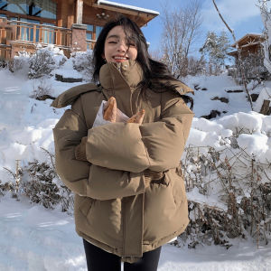 Black Duck down Puffer Jacket Womens Loose Fit Thickened Winter Coat Korean Style Commute Pure Color Hooded Zipper Closure