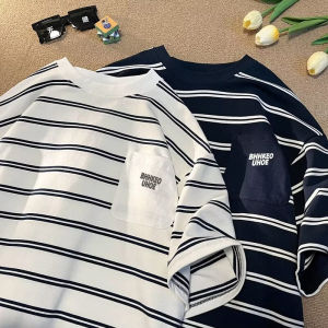 Summer Stripe round Neck Short Sleeve T-Shirt Mens Loose Vintage Casual Five-Quarter Sleeve Top Fashionable Hong Kong Style Japanese Brand